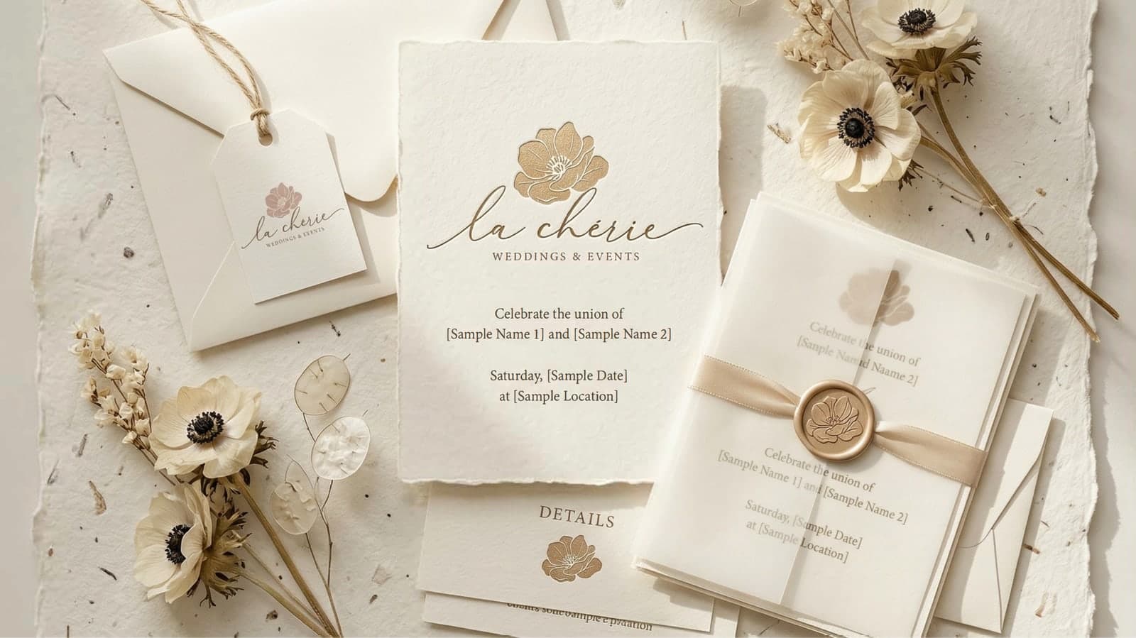 La Chérie Weddings and Events identity on a printed wedding invitation suite