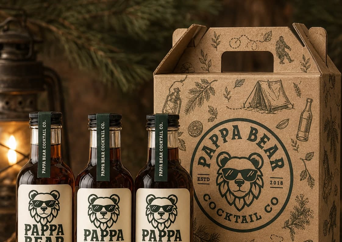 Pappa Bear Cocktail Co. bottle labels and kraft gift box