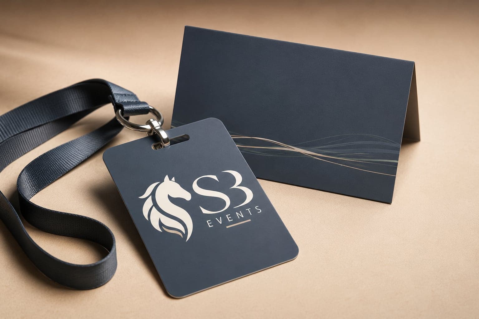 SB Events logo on an event lanyard badge and folded tent card