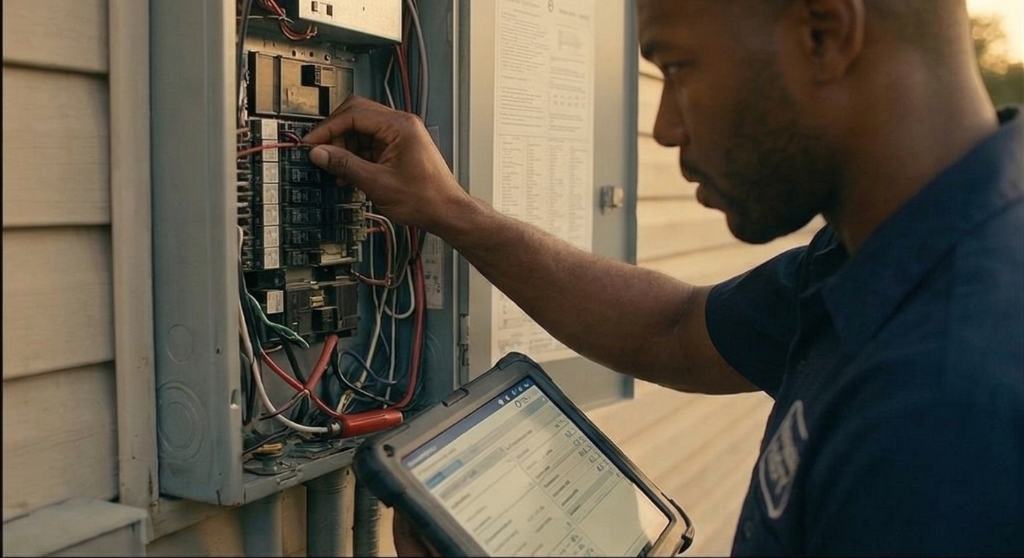 Technician diagnosing AC system