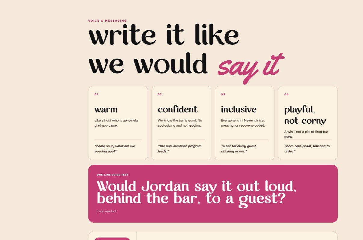 The Sober Bartender voice system: warm, confident, inclusive, playful, with the one-line voice test